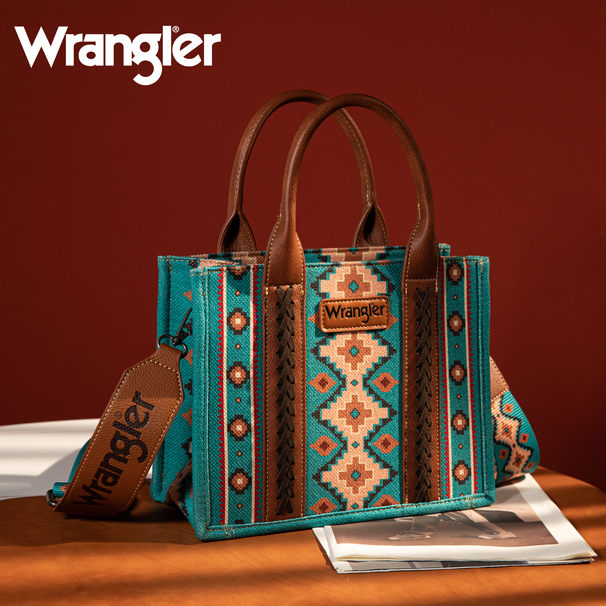 Wrangler Tote Bag Western Purses for Women Shoulder Boho Aztec Handbags,  Angel Diamond Turquoise-Guitar Strap M 